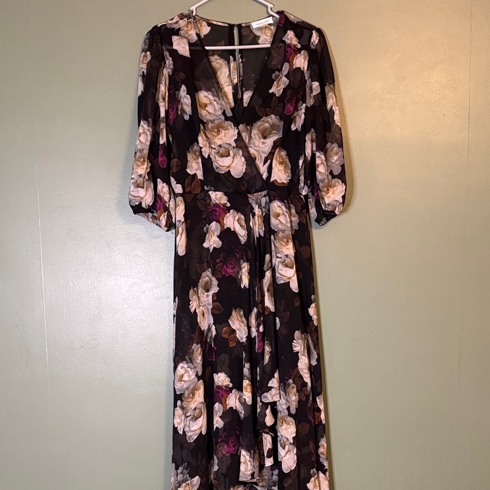 Calvin Klein Moody Dark Purple Black floral chiffon faux-wrap high-low dress 10